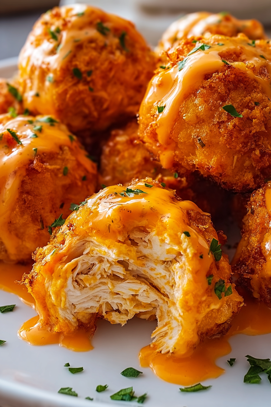 Close-up of a Buffalo Chicken Bomb cut open showing melty filling