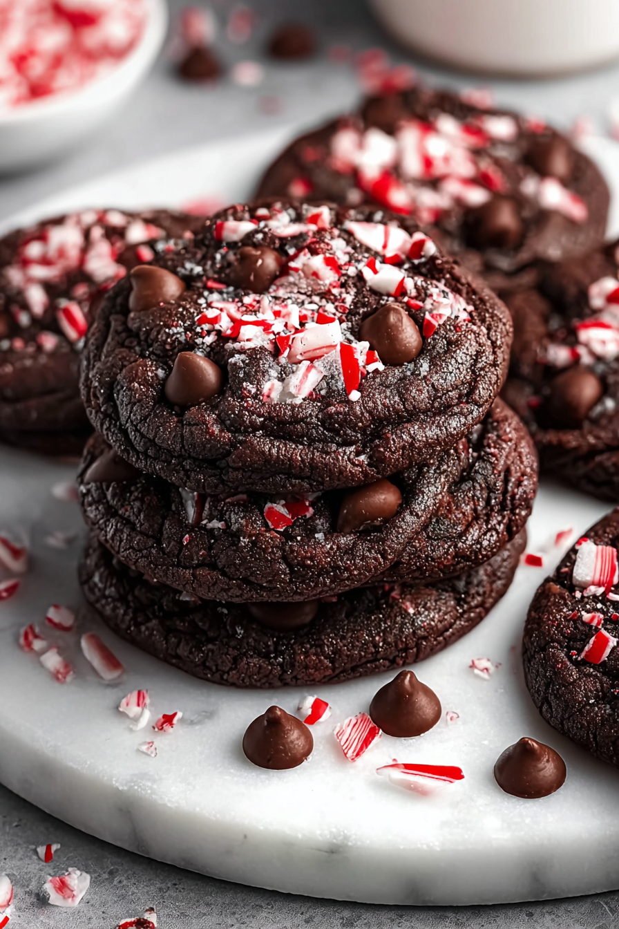Warm double chocolate peppermint cookies on a cooling rack
