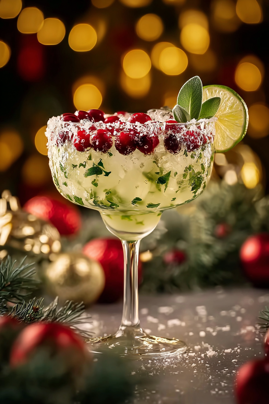 Mistletoe Margarita in a rocks glass with cranberries and mint