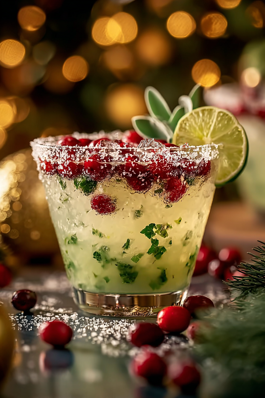 Two festive Mistletoe Margaritas garnished with cranberries and lime