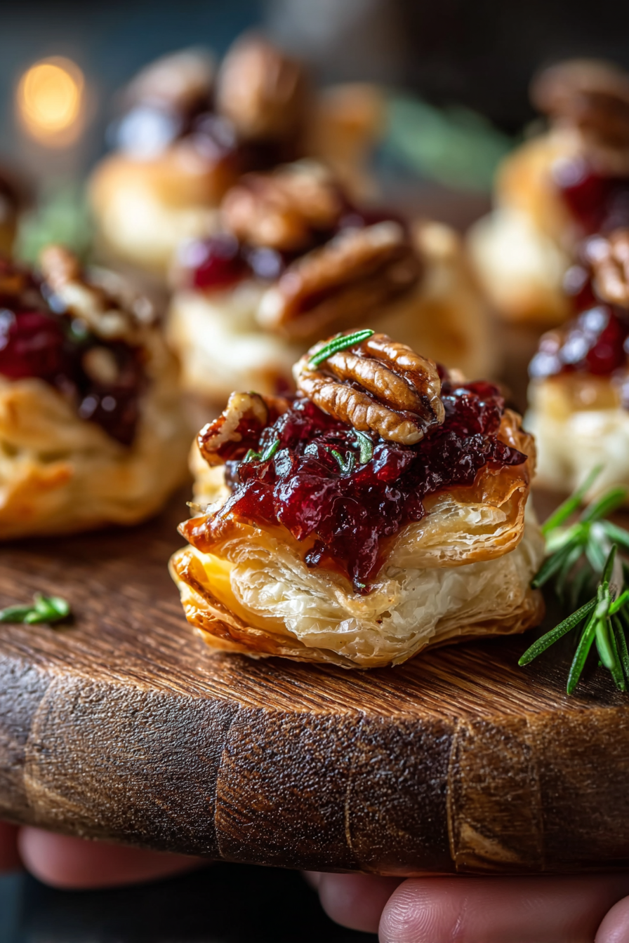 Golden baked brie bites on a serving board garnished with rosemary
