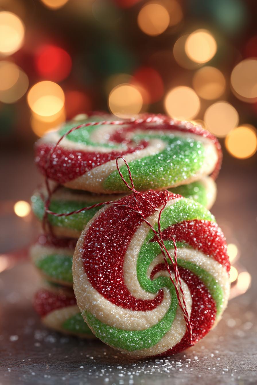 Close-up of sliced Christmas pinwheel cookies on parchment