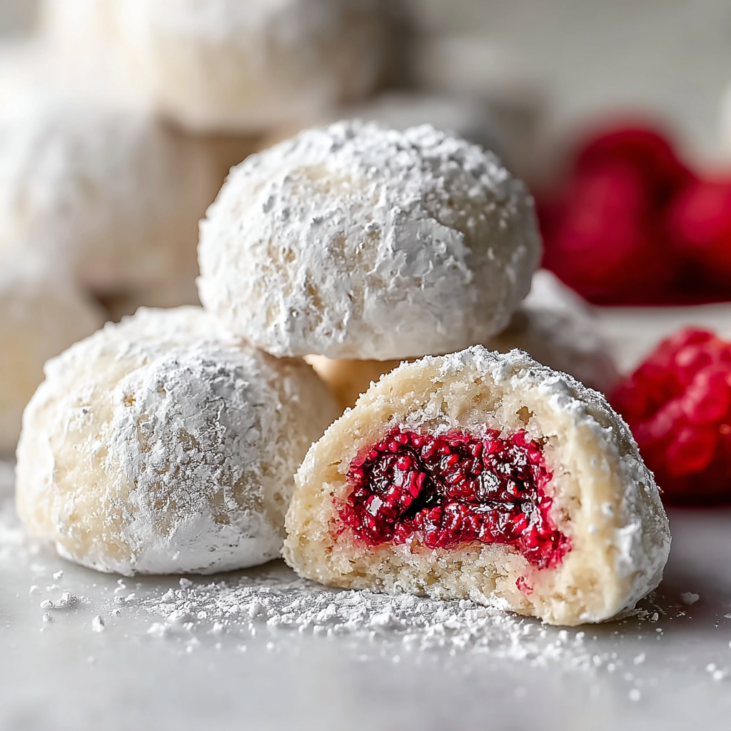 Close up of a raspberry filled almond cookie