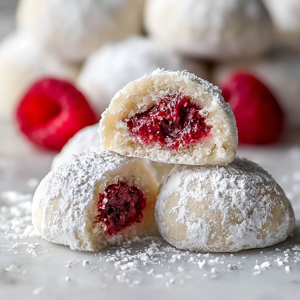 Raspberry almond snowball cookies on a baking sheet