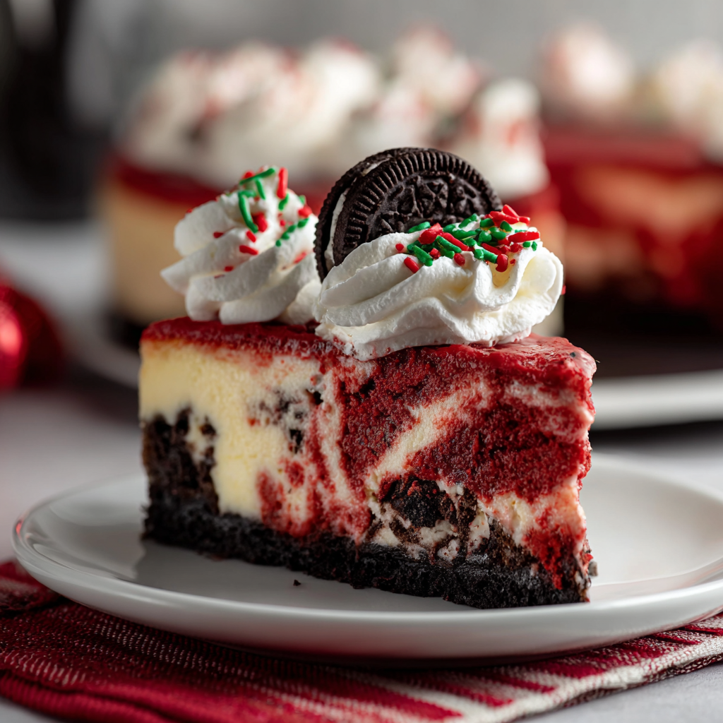 slice of red velvet cheesecake with sprinkles