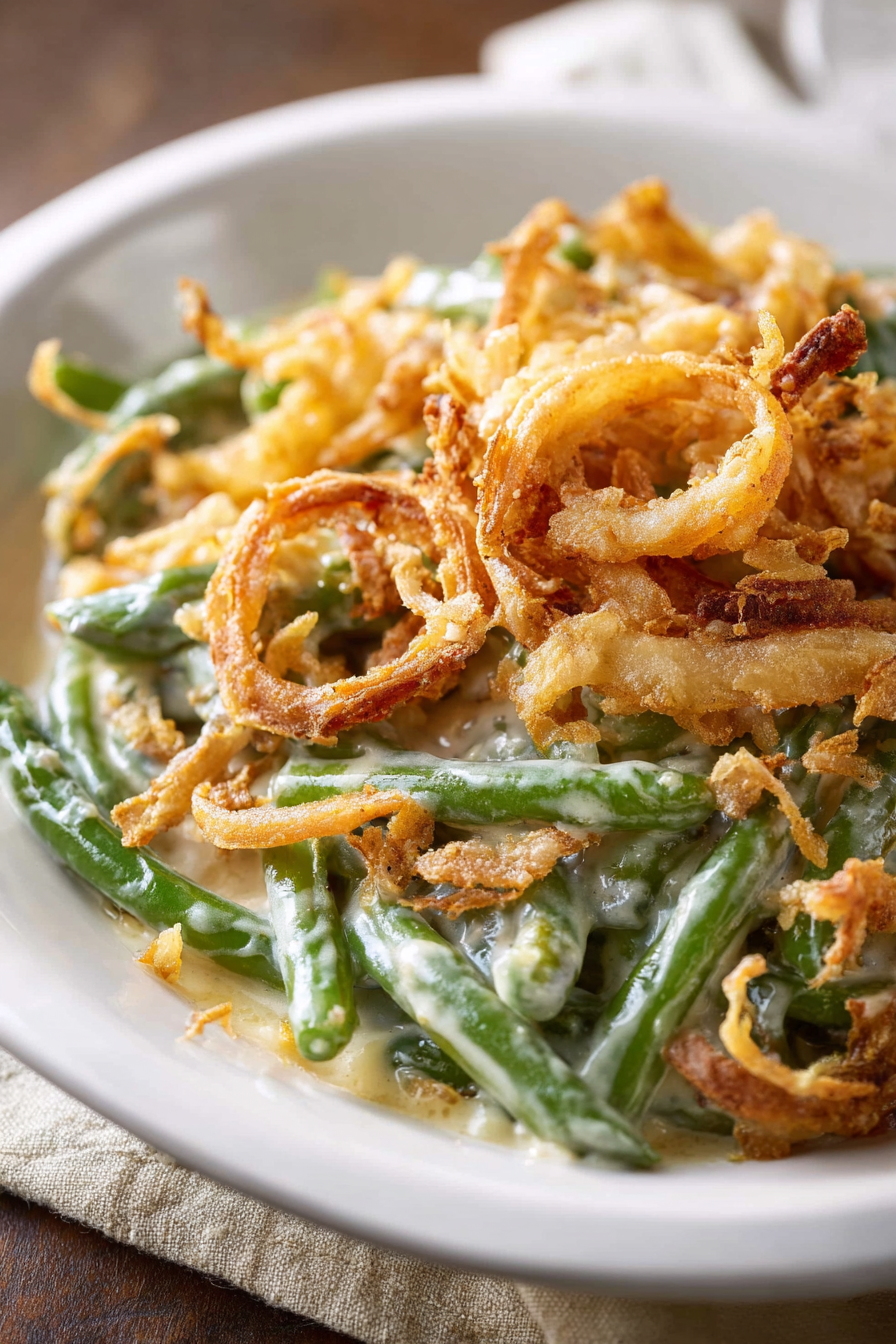 Baked green bean casserole with crispy fried onions