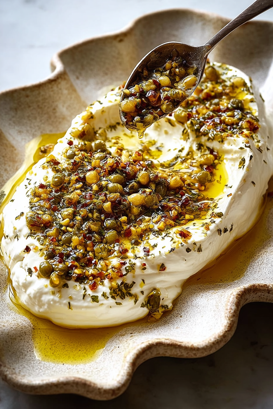 Boursin cheese topped with pistachios and drizzled honey on a wooden board