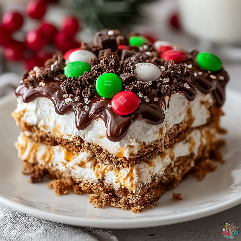 Layered no bake cookie lasagna in pan