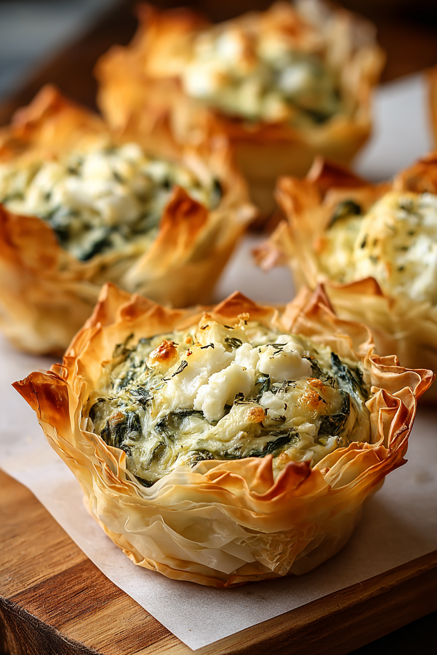 Finished spinach and artichoke phyllo cups on a platter