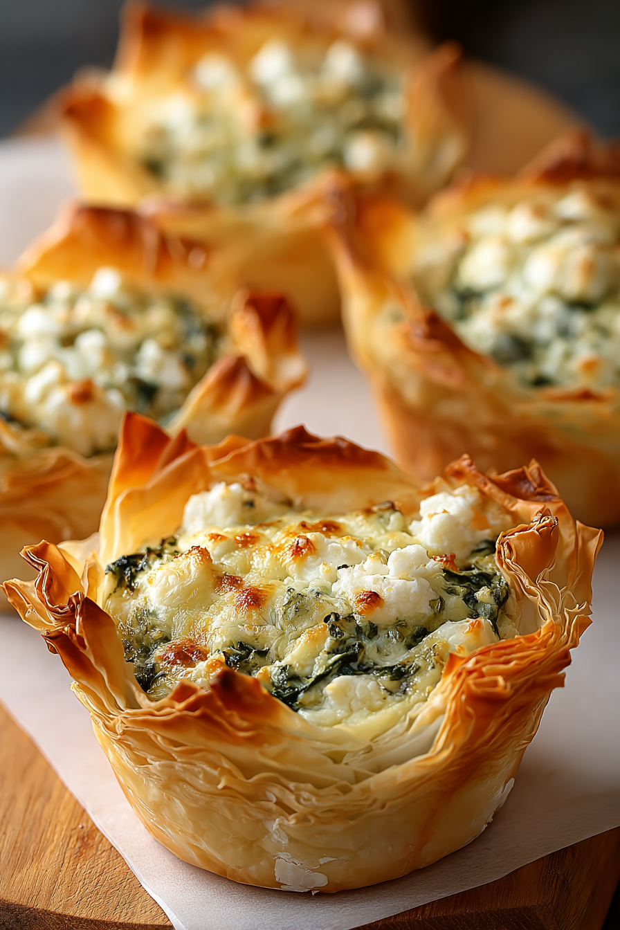 Close-up of a phyllo cup showing creamy filling and golden edges