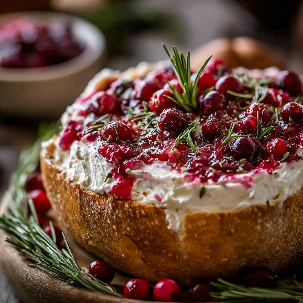 Baked cranberry cream cheese dip bubbling in a small casserole