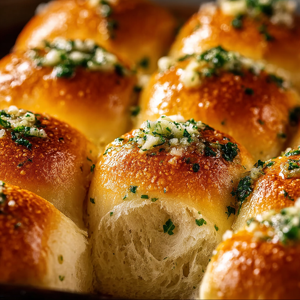 Freshly baked garlic rolls brushed with butter