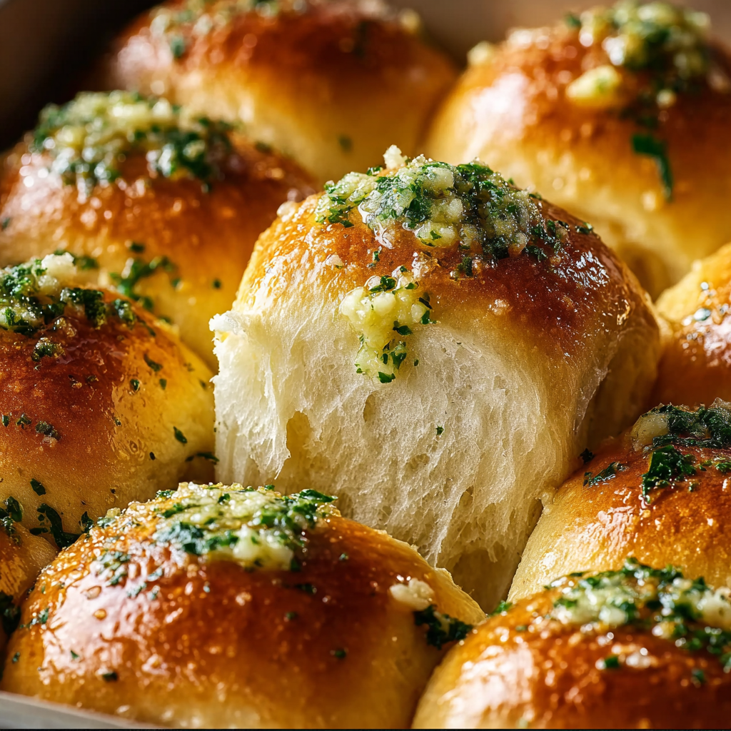 Close-up of the soft interior of a garlic roll