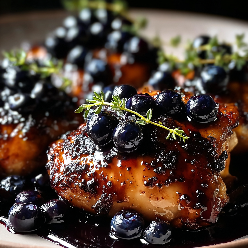 Blueberry Thyme Chicken in skillet with glossy sauce
