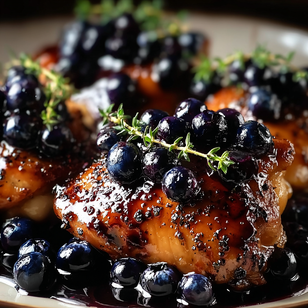 Plated chicken with blueberry sauce and thyme garnish
