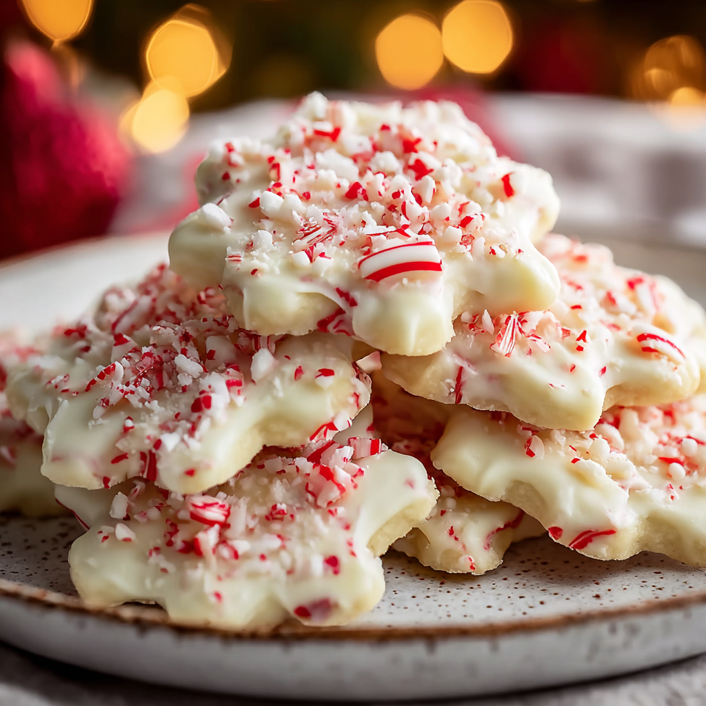 White chocolate dipped pretzels with crushed peppermint