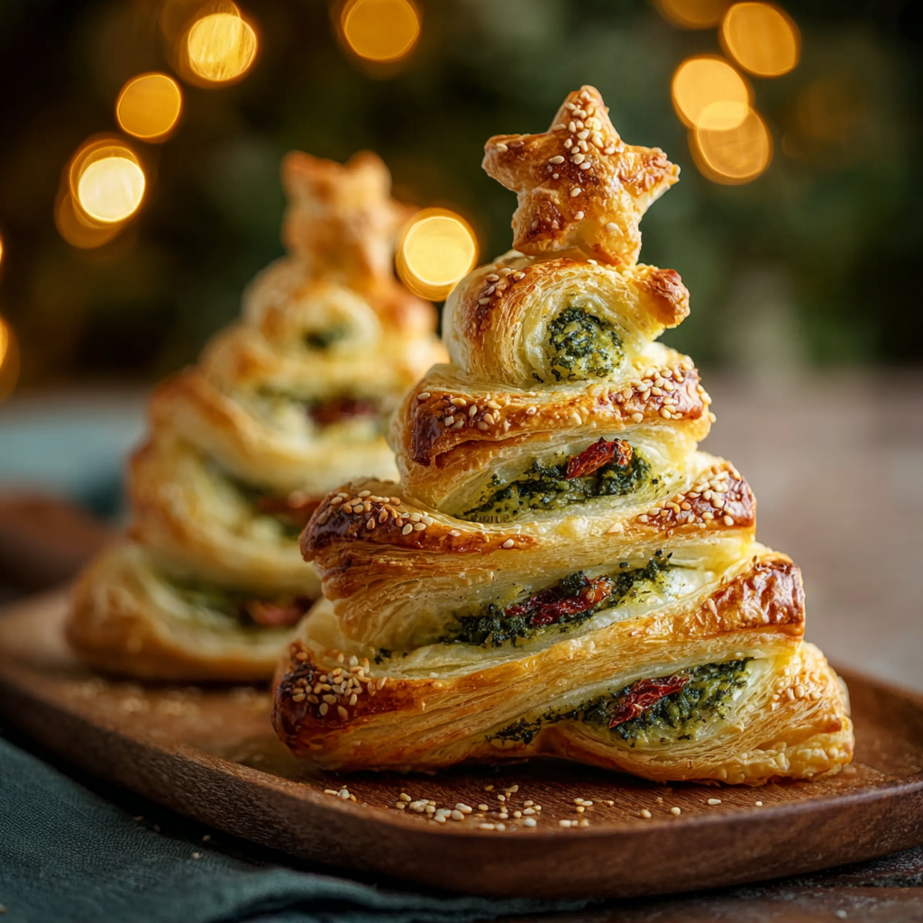 Basil pesto cheesy puff pastry tree on parchment