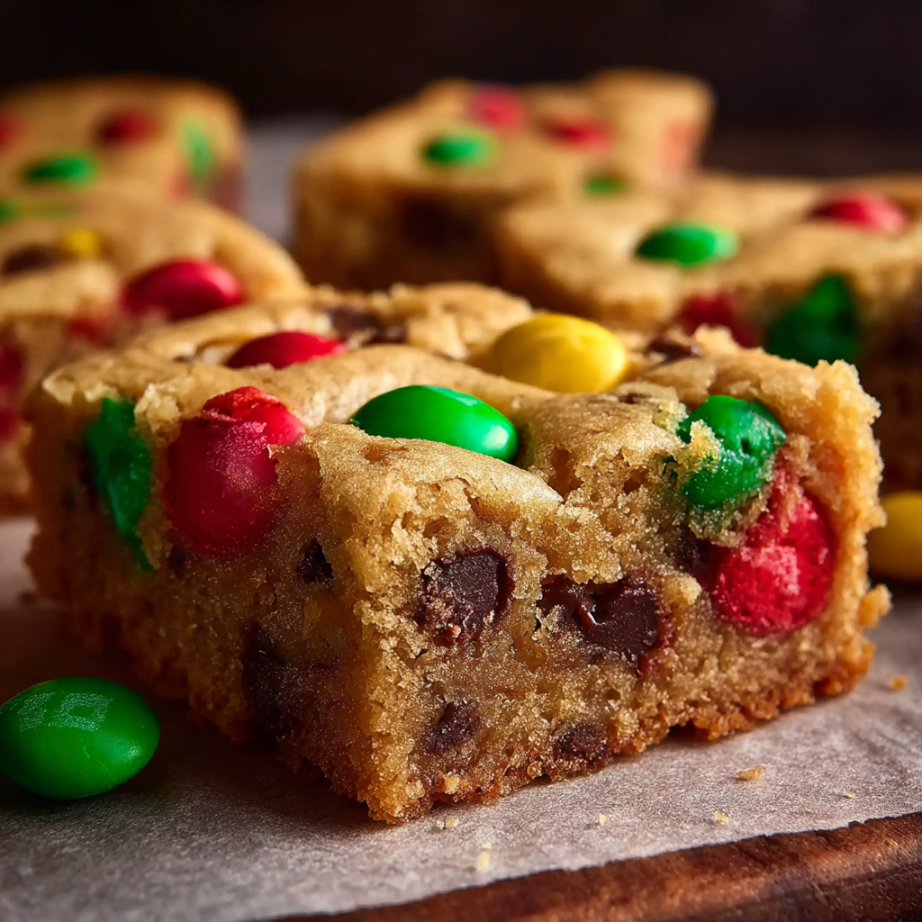 Christmas M&M cookie bars in pan with colorful candies