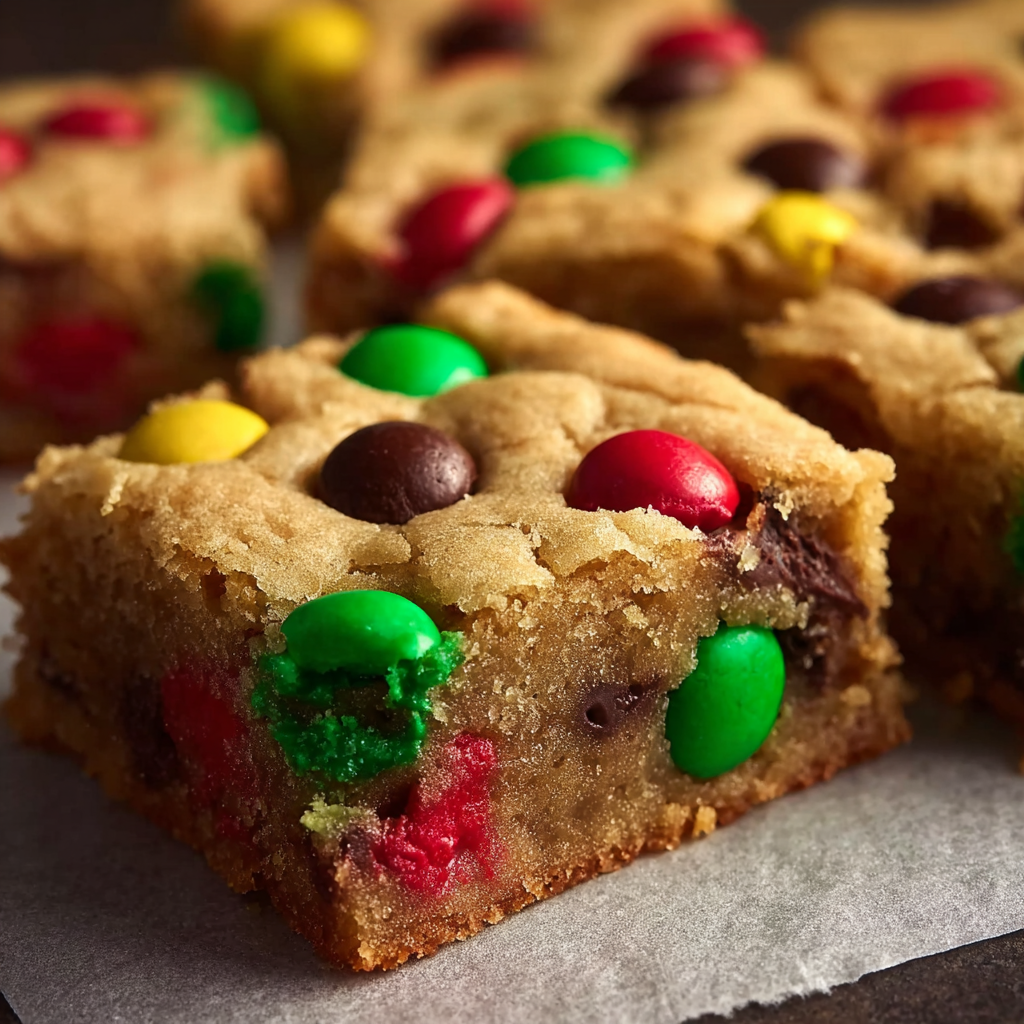 Close-up of a bar showing M&Ms and chocolate chips