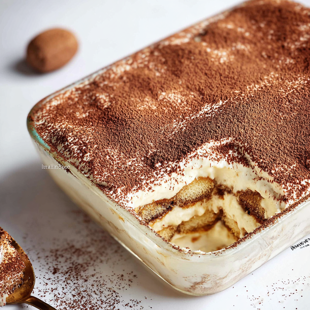 Gingerbread tiramisu layered in a square dish