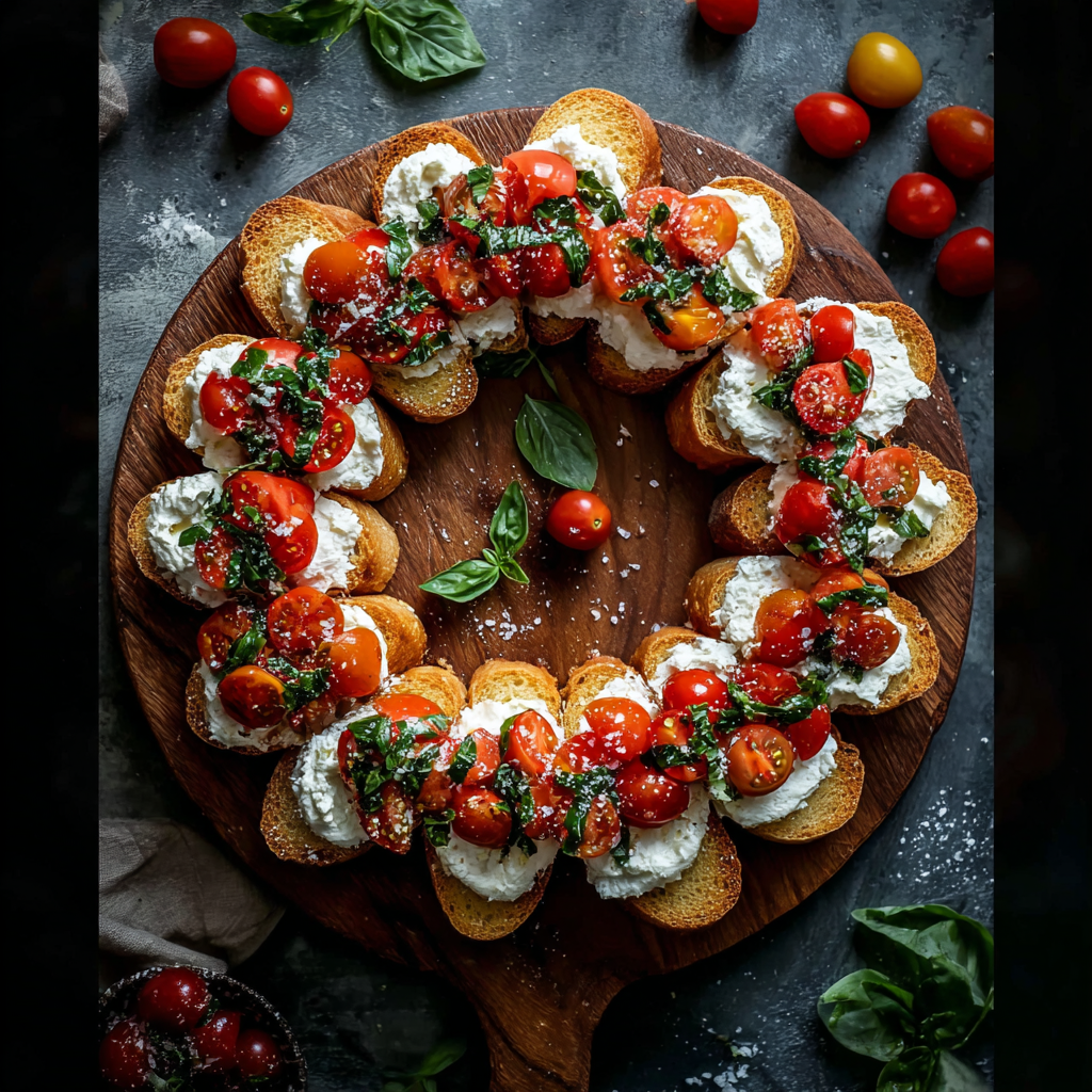 Close-up of bruschetta wreath on platter