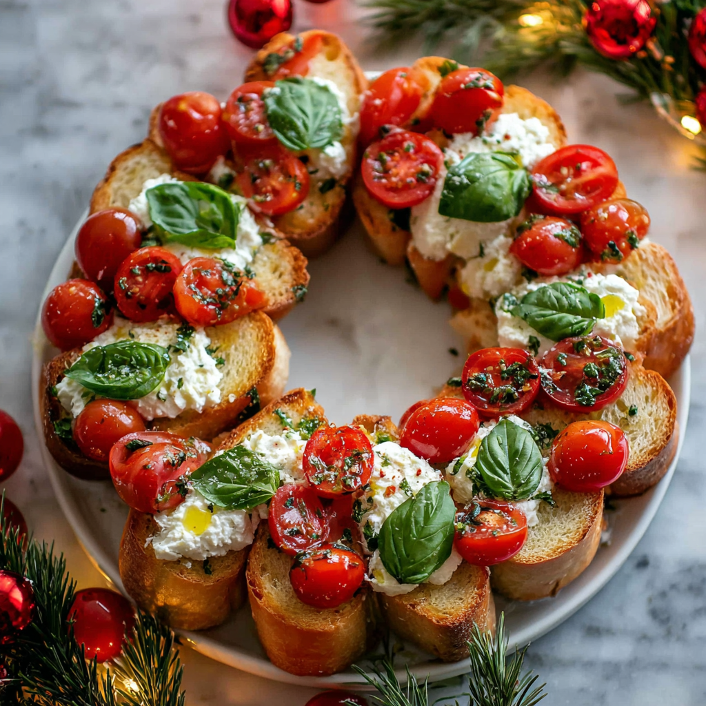 Top view of baguette slices arranged in wreath pattern