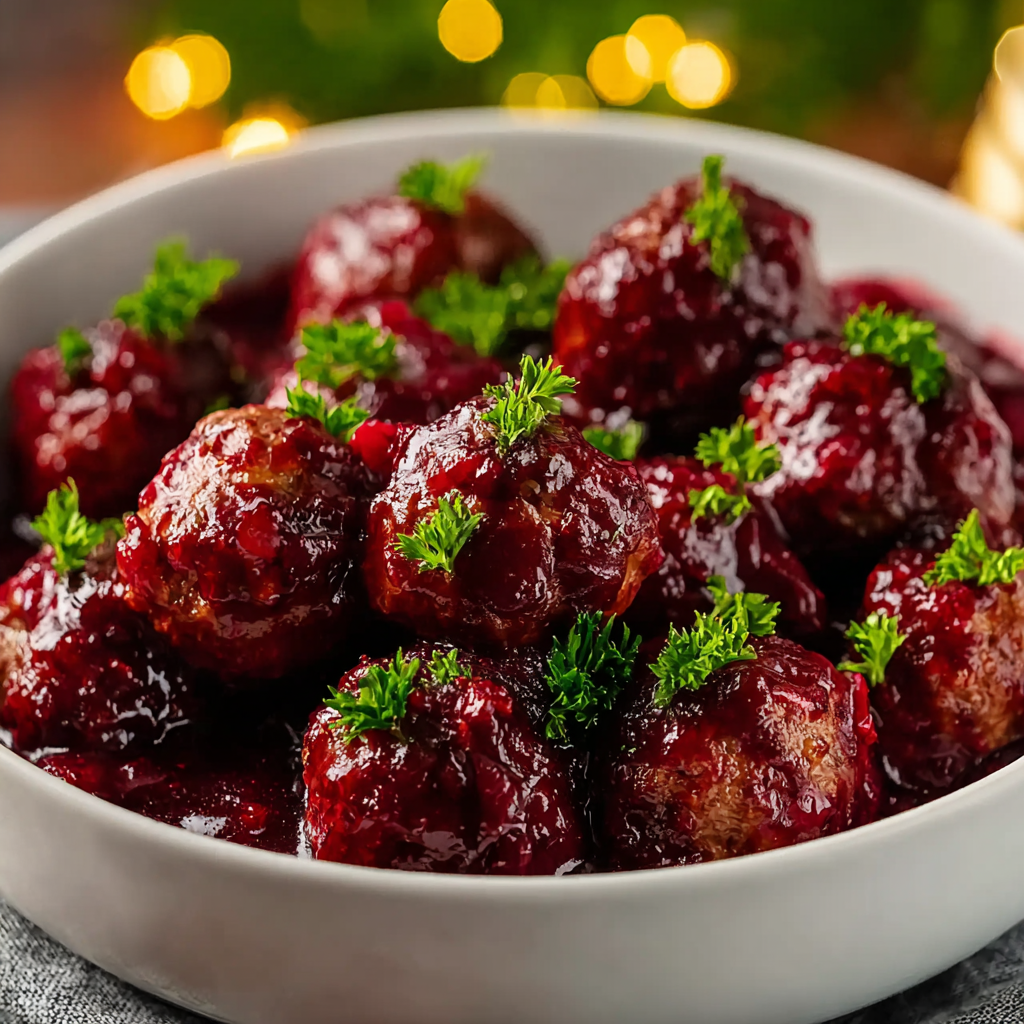 Meatballs simmering in cranberry glaze