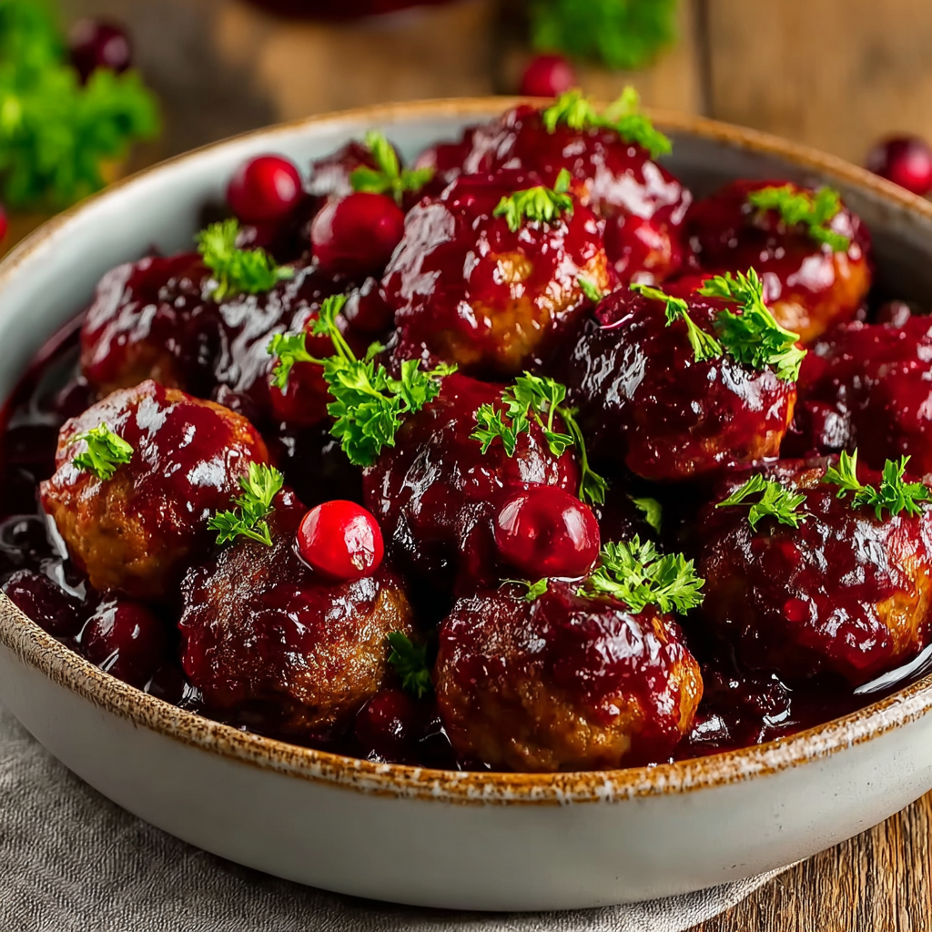 Plated cranberry meatballs with garnish