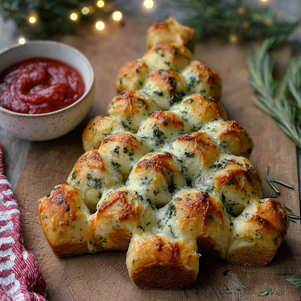 Cheesy Christmas tree bread on parchment paper, golden and shiny