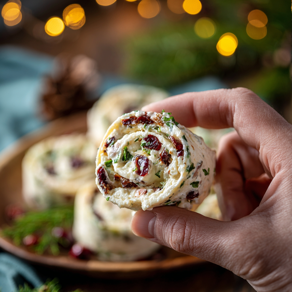 Rolled cranberry and feta tortillas sliced into pinwheels