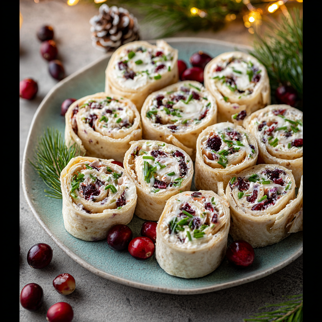 Platter of cranberry feta pinwheels garnished with chives