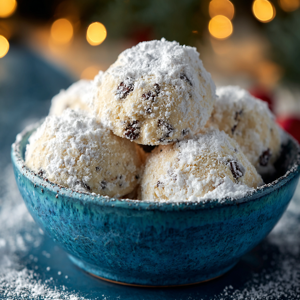 Close up of a snowball cookie with white chocolate and sprinkles