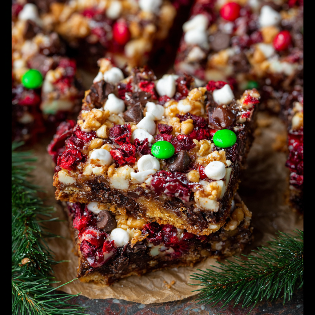 Baked cookie bars cooling on a rack with parchment