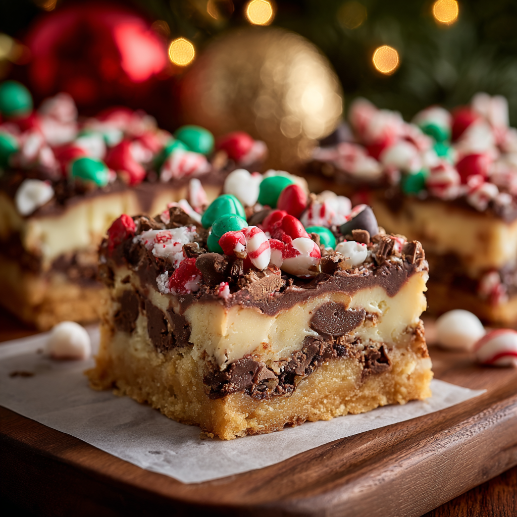 Close-up of layered cookie bars with colorful M&Ms
