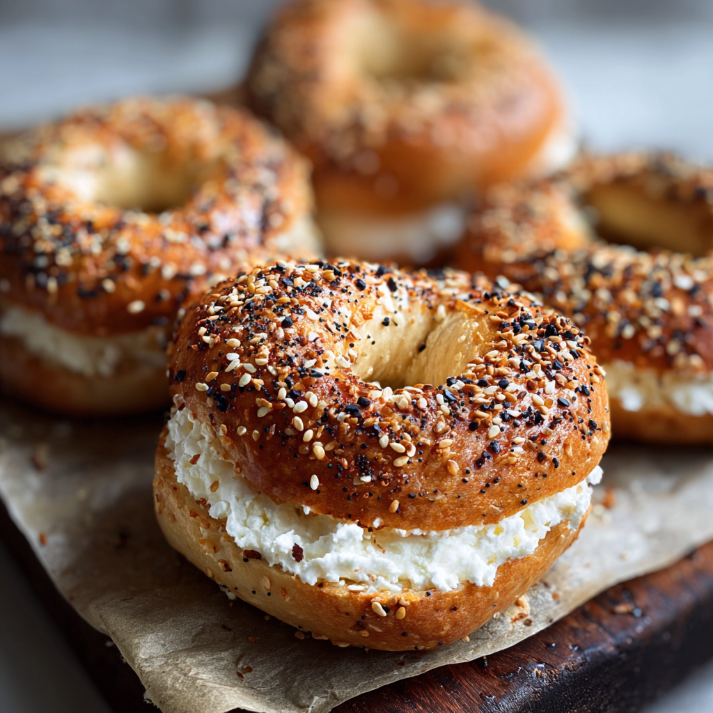 Close-up of a sliced cottage cheese bagel topped with seeds