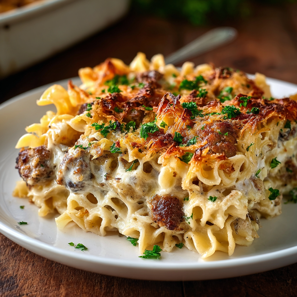 Close-up of French Onion Beef Casserole in baking dish with crispy onions