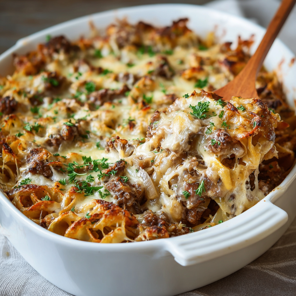 Serving of French Onion Beef Casserole plated with parsley garnish