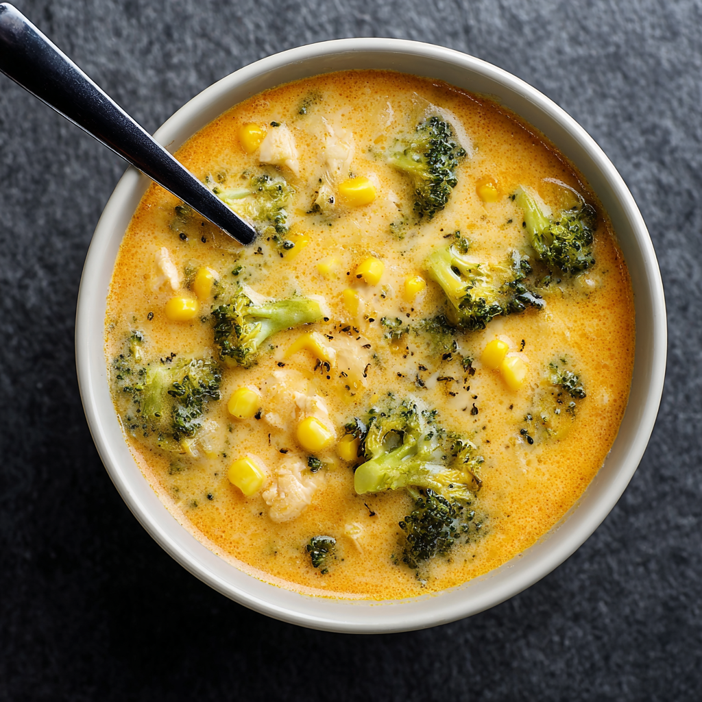 Creamy broccoli cheddar soup in a bowl