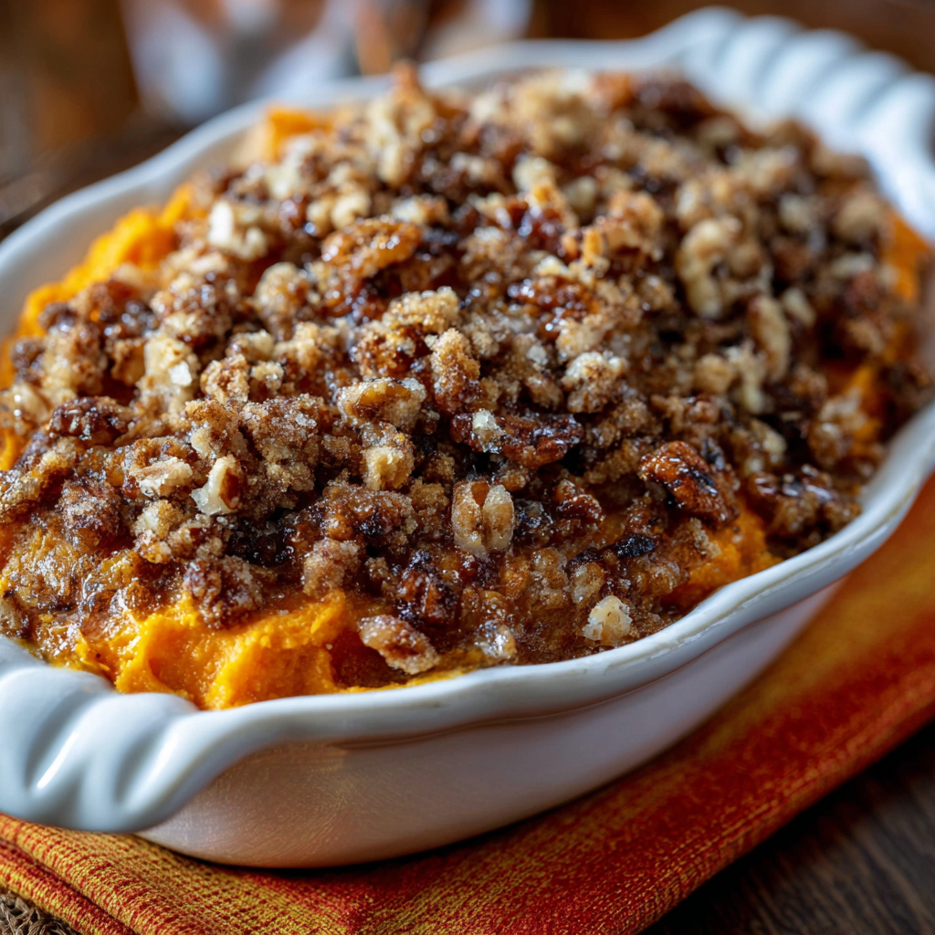Baking dish with sweet potato casserole before toppings