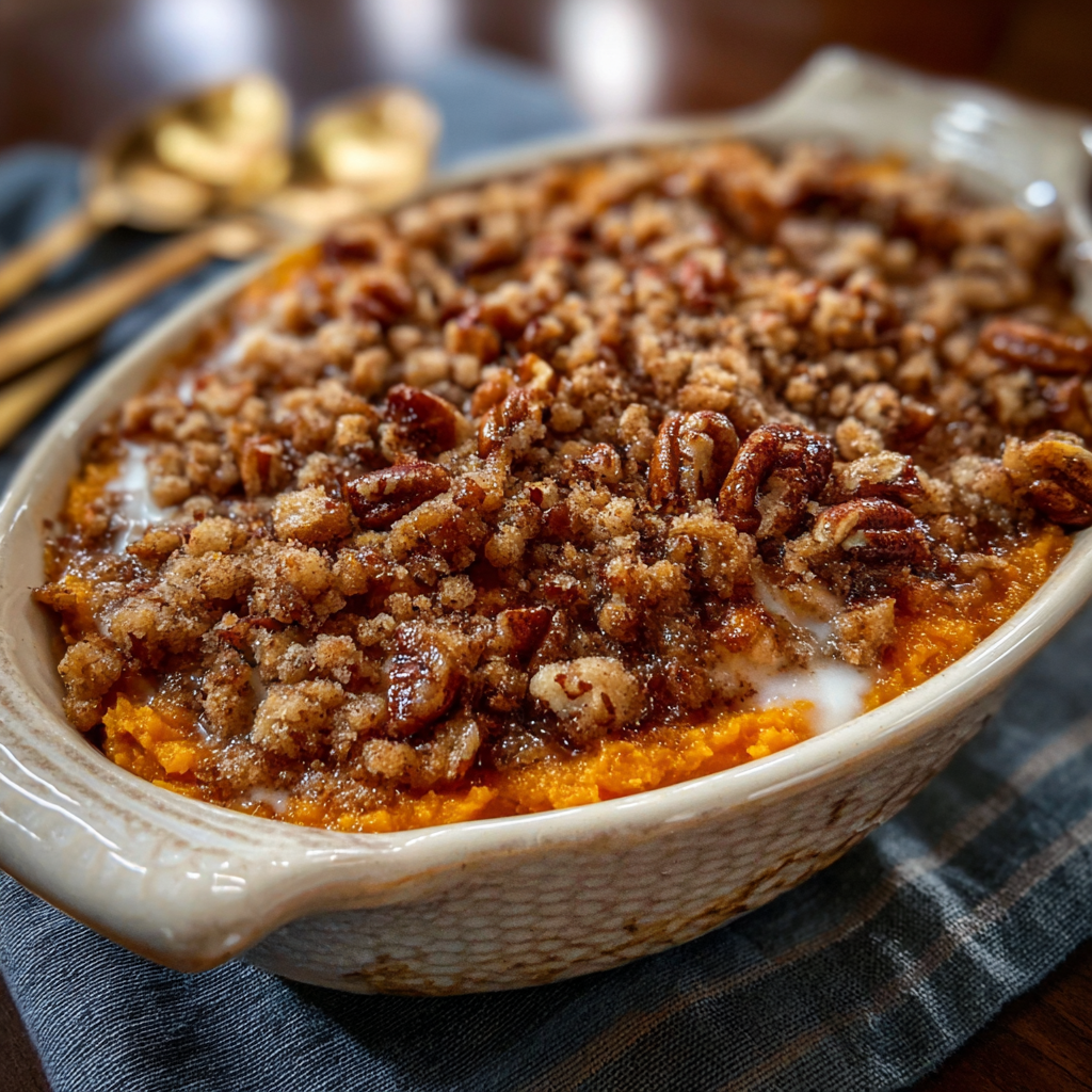 Close-up of pecan streusel on sweet potato casserole