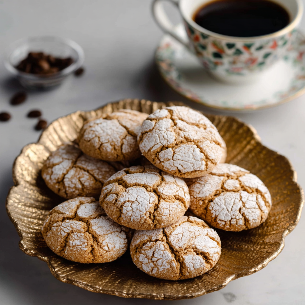 Close-up of a powdered sugar crinkle cookie