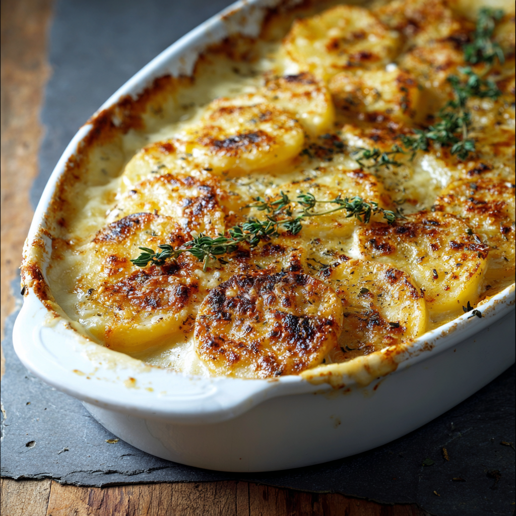Rich potato gratin in a baking dish with golden crust