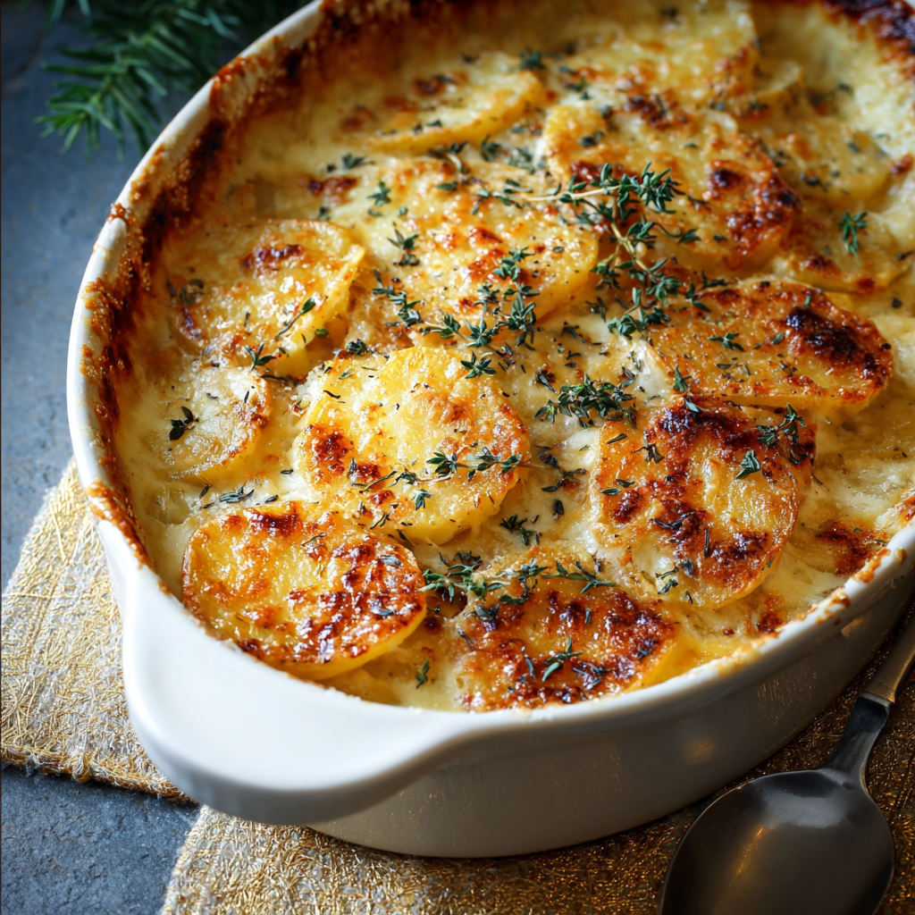 Close-up of layers of sliced potatoes and cheese