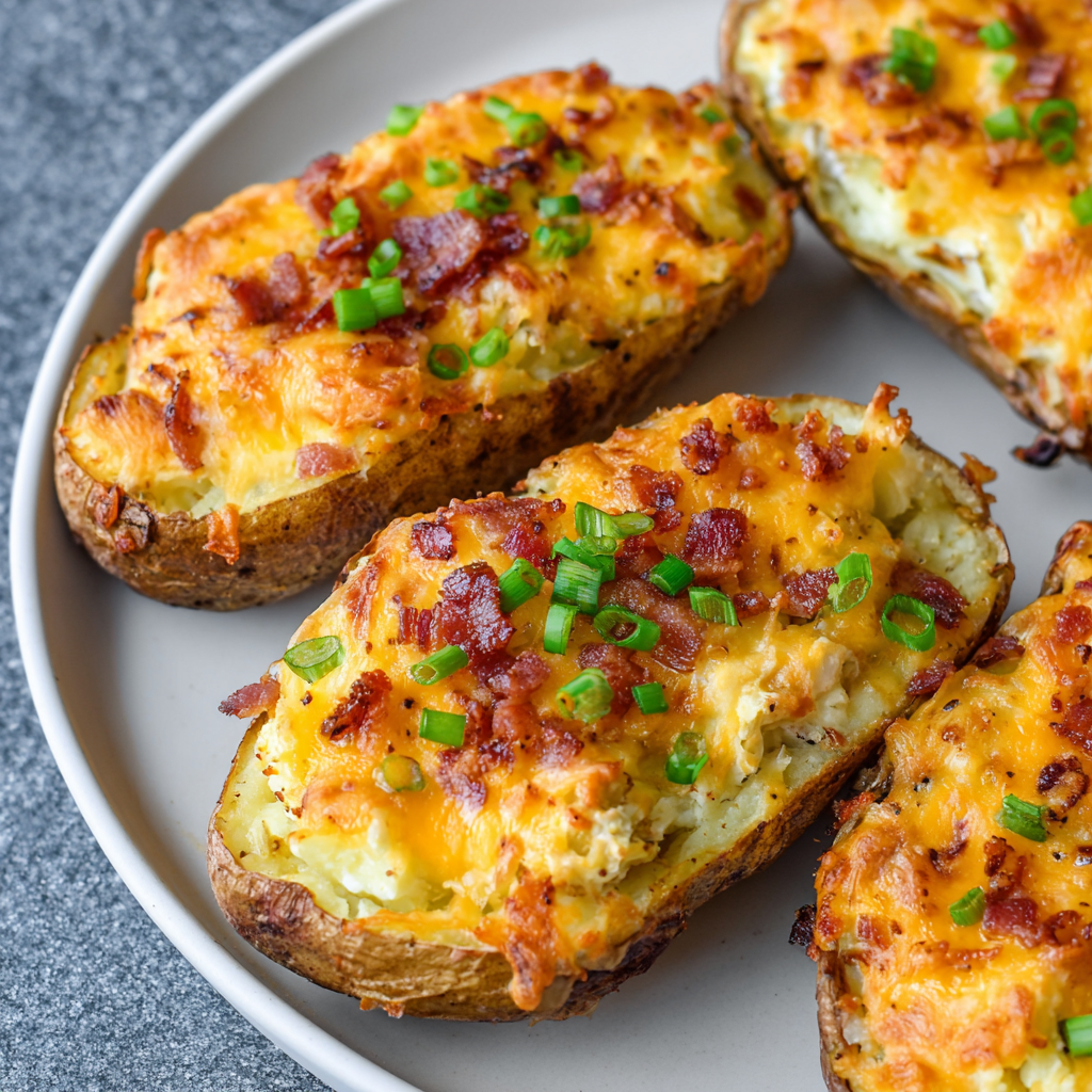 Finished twice baked potatoes garnished with chives