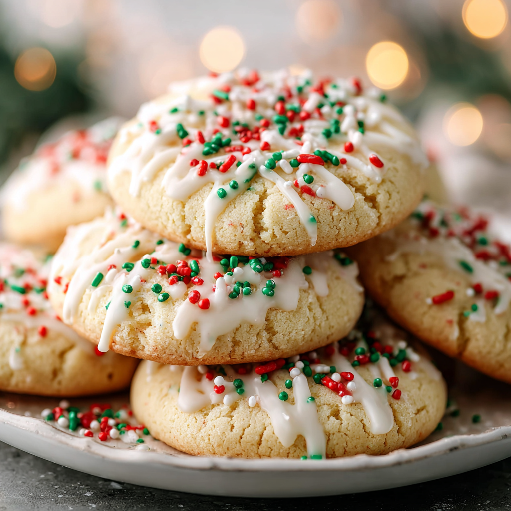 Close-up of shortbread cookie being decorated with sprinkles
