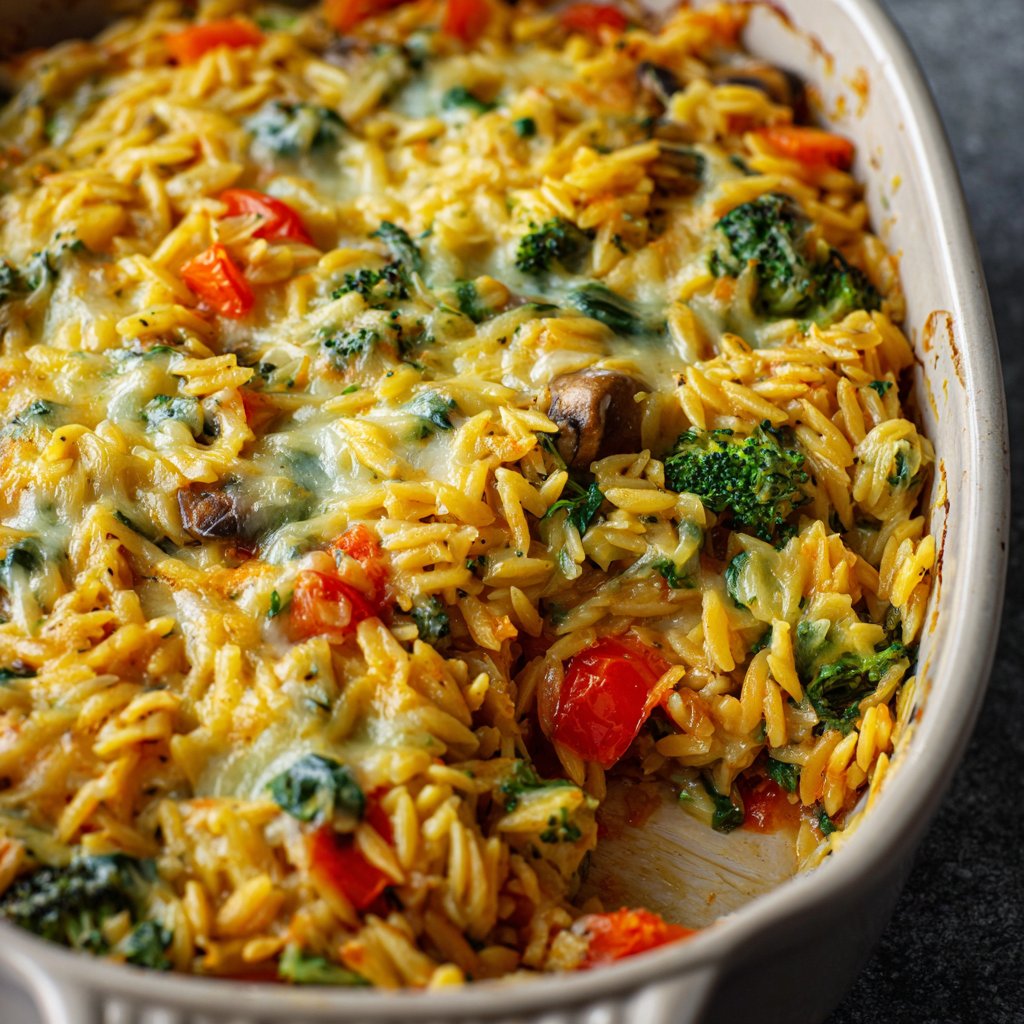 Cheesy baked orzo served on a plate