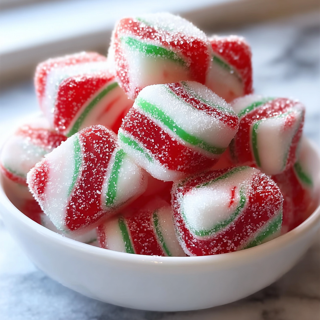 Twisted red green and white peppermint ropes on a work surface