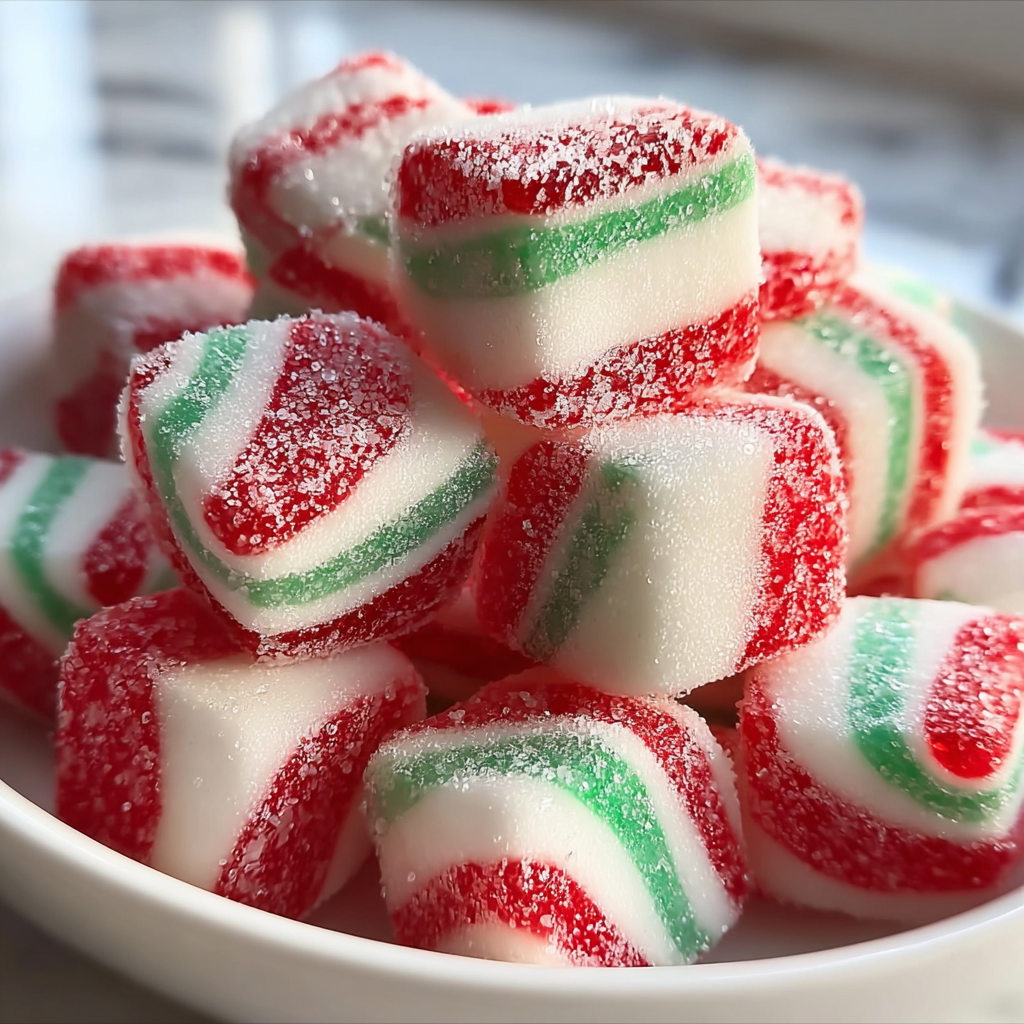 Powdered sugar dusted work surface with colored peppermint ropes