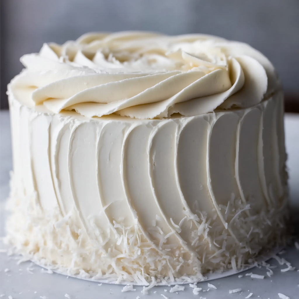 Finished Coconut Cloud Cake with shredded coconut garnish