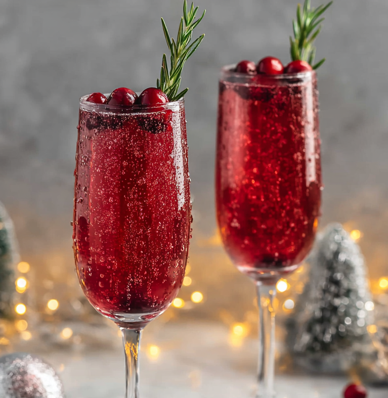 Mimosas in flutes with sugared cranberries and rosemary